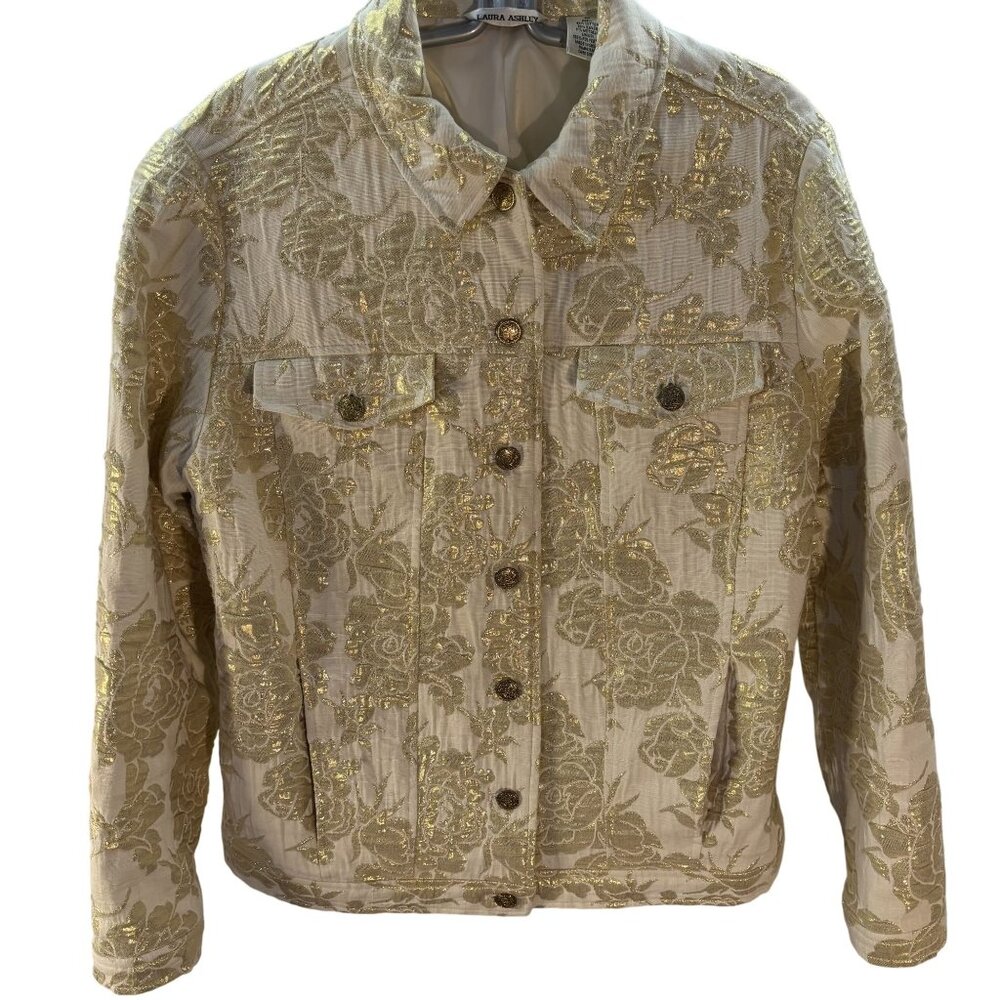 Laura Ashley Gold Metallic Floral Jacket Size Medium - Picture 1 of 10